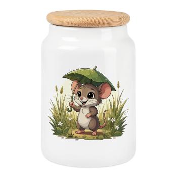 Little mouse with umbrella in the grass - Cookie Jar with Wooden Lid - white - Front