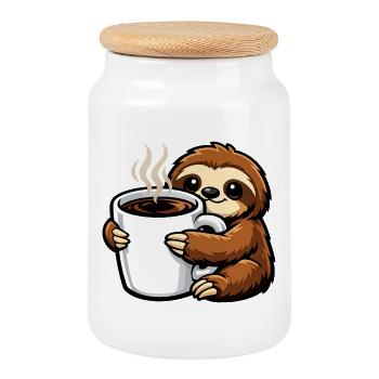 Paresseux avec tasse à café - Boîte à biscuits avec couvercle en bois - blanc - Devant