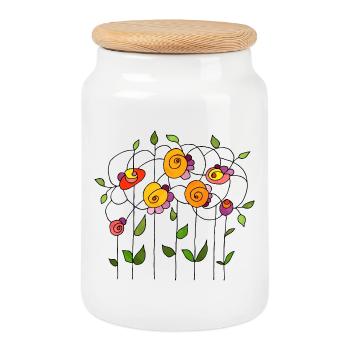 Flowers - Cookie Jar with Wooden Lid - white - Front