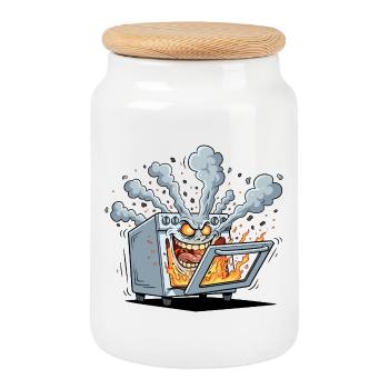 Monstre de Four de Cuisine Enflammé - Boîte à biscuits avec couvercle en bois - blanc - Devant
