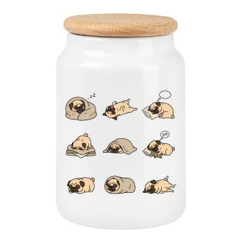 Sleeping Pug Nine Cute Pug Sleeping Poses - Cookie Jar with Wooden Lid - white - Front