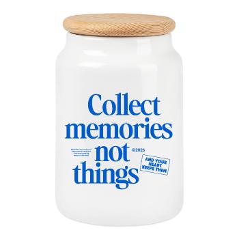 Erinnerungen statt Dinge – Collect memories - Keksdose mit Holzdeckel - Weiß - Vorne