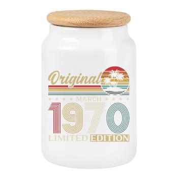 56. Geburtstag Geschenk Mann Frau März 1970 - Keksdose mit Holzdeckel - Weiß - Vorne