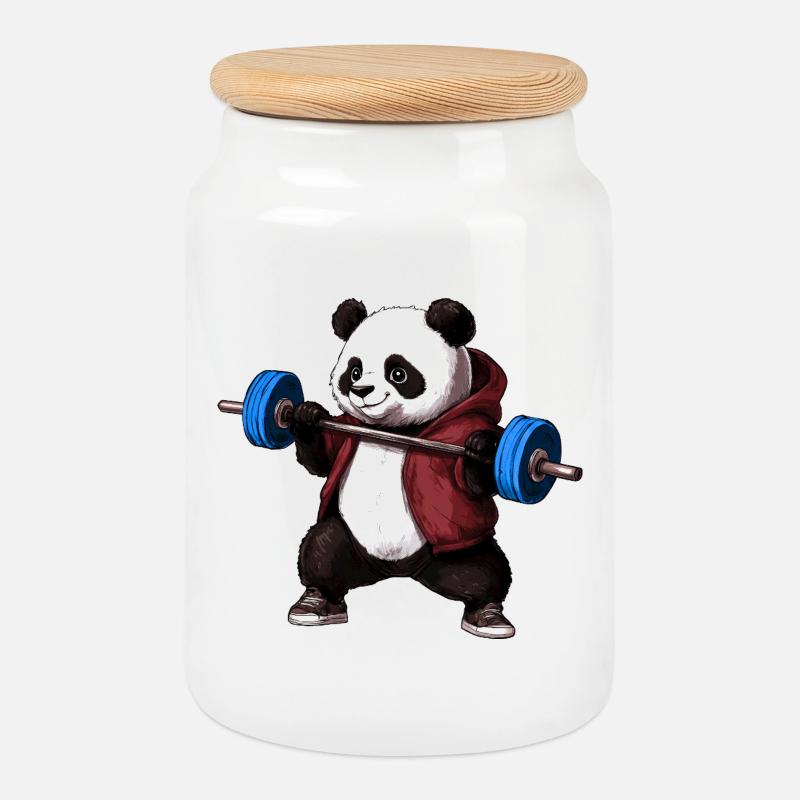 Panda mit Langhantel - Keksdose mit Holzdeckel - Weiß
