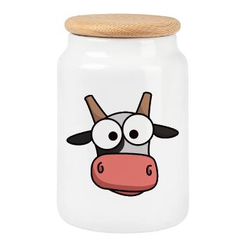 Cow Face Comic with Big Eyes - Cookie Jar with Wooden Lid - white - Front