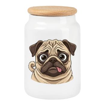 Kuscheliger Mops Cartoongesicht - Keksdose mit Holzdeckel - Weiß - Vorne
