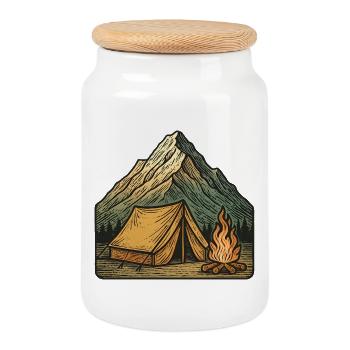 Aventure autour du feu de camp sous la tente de montagne - Boîte à biscuits avec couvercle en bois - blanc - Devant