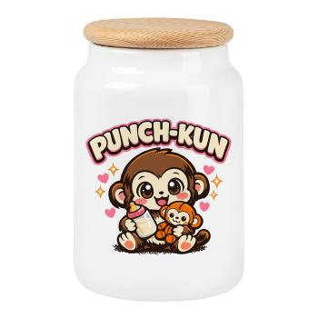 Coup de poing singe - Kawaii - Boîte à biscuits avec couvercle en bois - blanc - Devant