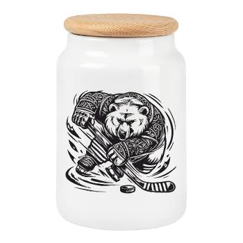 Attaque de hockey sur glace Tatouage d’ours Tatouage Palet Stick Strong - Boîte à biscuits avec couvercle en bois - blanc - Devant