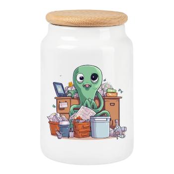 Alien Büroheld Recycling Chaos - Keksdose mit Holzdeckel - Weiß - Vorne