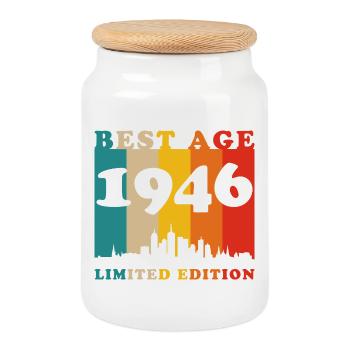 1946 Vintage Retro Birthday Gift - Cookie Jar with Wooden Lid - white - Front