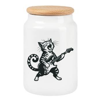 Rock ’n’ Roll Katze – Coole Gitarristen Mieze - Keksdose mit Holzdeckel - Weiß - Vorne