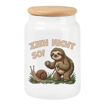 Zieh nicht so Faultier Humor Motiv - Keksdose mit Holzdeckel - Weiß - Vorne