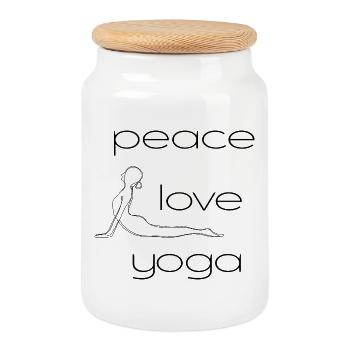 Paix - Amour - Yoga avec posture de conception de lignes - Boîte à biscuits avec couvercle en bois - blanc - Devant