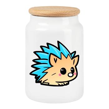 Cute Kawaii Hedgehog Doodle Cartoon - Cookie Jar with Wooden Lid - white - Front