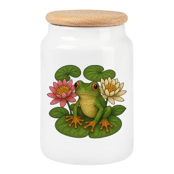 Verdant Frog Among Lotus Lilies - Cookie Jar with Wooden Lid - white - Front