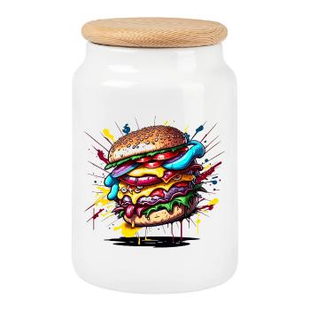 Burgers - Hamburgers - Restauration rapide - Boîte à biscuits avec couvercle en bois - blanc - Devant