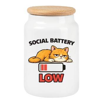 T-shirt graphique Cat à batterie faible - Boîte à biscuits avec couvercle en bois - blanc - Devant