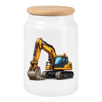 Yellow Excavator - Cookie Jar with Wooden Lid - white - Front