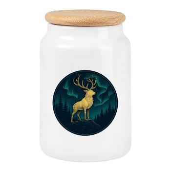 Golden Stag under the Northern Lights - Cookie Jar with Wooden Lid - white - Front