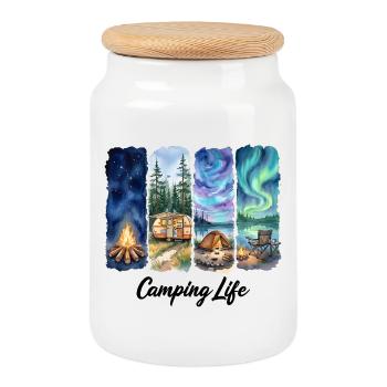 Vie de camping : Aventure aquarelle avec des arbres sous tente - Boîte à biscuits avec couvercle en bois - blanc - Devant
