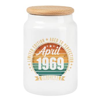 Vintage Retro Birthday Gift from April 1969 - Cookie Jar with Wooden Lid - white - Front