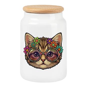 Hippie Kitten Cat - Cookie Jar with Wooden Lid - white - Front