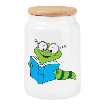 Nerd de bibliothèque lisant des livres Vers de terre - Boîte à biscuits avec couvercle en bois - blanc - Devant
