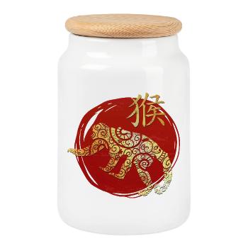 Monkey Chinese Zodiac Horoscope - Cookie Jar with Wooden Lid - white - Front
