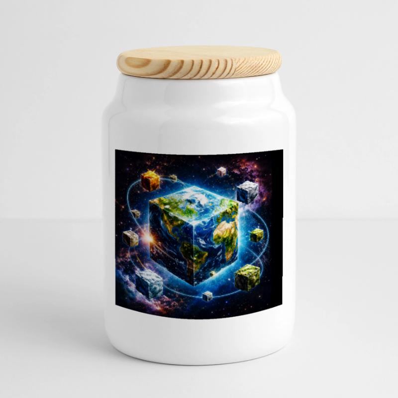 Cube terrestre dans l’espace Boîte à biscuits avec couvercle en bois