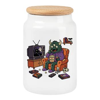 Monster Cinema Horror Movies Popcorn - Cookie Jar with Wooden Lid - white - Front