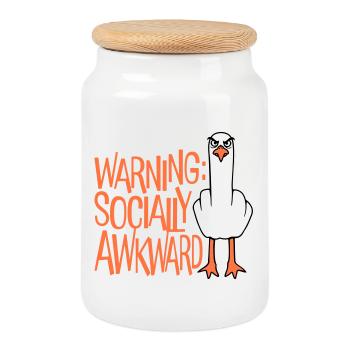 Warning Socially Awkward Seagull Middle Finger Naughty - Cookie Jar with Wooden Lid - white - Front