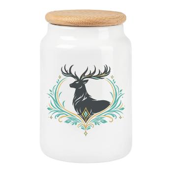 Deer in ornamental heart - Cookie Jar with Wooden Lid - white - Front