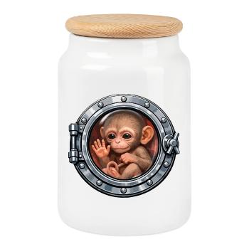 Baby monkey in metal hatch - Cookie Jar with Wooden Lid - white - Front