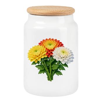 Chrysanthemen-Trio-Strauß - Keksdose mit Holzdeckel - Weiß - Vorne