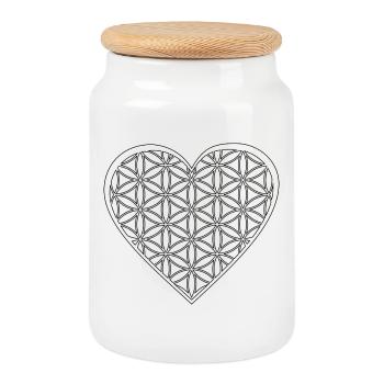 Heart & Flower of Life - Love & Positive Vibes Shirt - Cookie Jar with Wooden Lid - white - Front