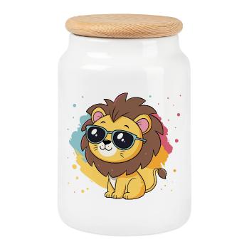 Colorful Lion with Glasses - Cookie Jar with Wooden Lid - white - Front