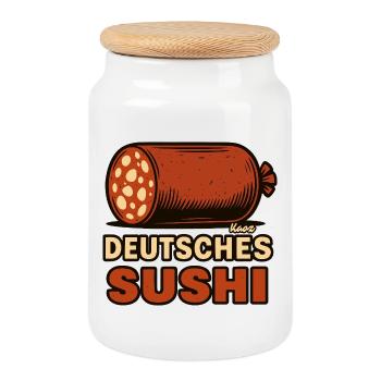 German Sausage Sushi Fusion - Cookie Jar with Wooden Lid - white - Front