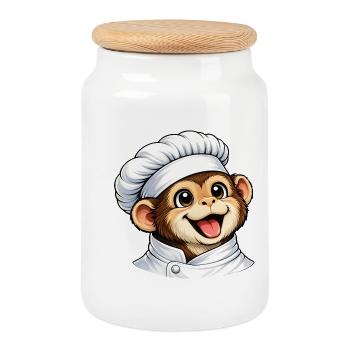 Dessin animé Singe Chef Mignon - Boîte à biscuits avec couvercle en bois - blanc - Devant
