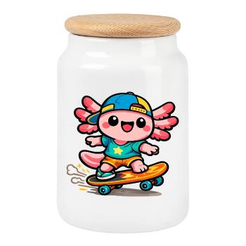 Axolotl skateur Kawaii Wing - Boîte à biscuits avec couvercle en bois - blanc - Devant