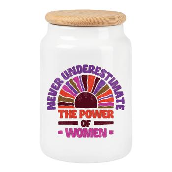 Never underestimate the power of women - bunt - Cookie Jar with Wooden Lid - white - Front