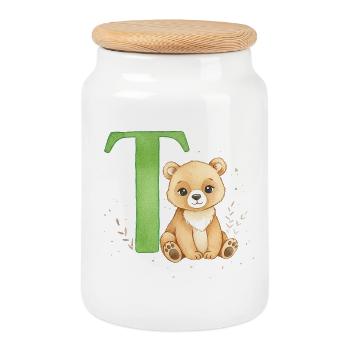 Teddy mit grünem Buchstaben T - Keksdose mit Holzdeckel - Weiß - Vorne