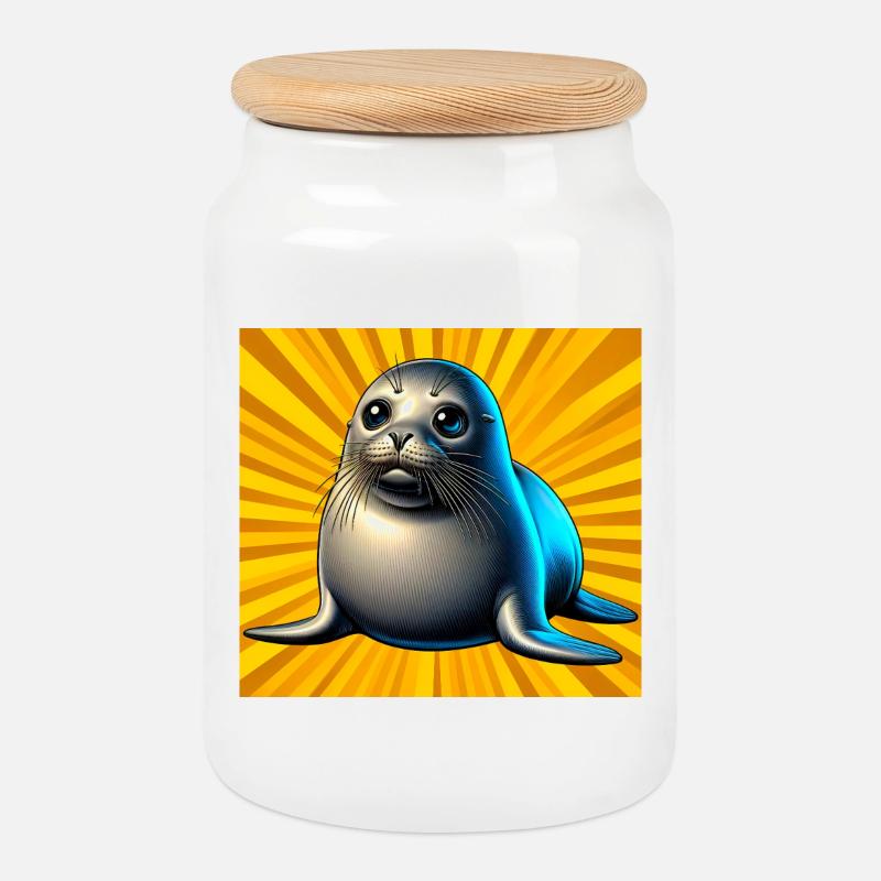 seal - Cookie Jar with Wooden Lid - white