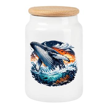 Evening Sea Whale Jump Fantasy - Cookie Jar with Wooden Lid - white - Front
