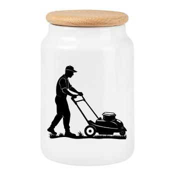 lawn mower - Cookie Jar with Wooden Lid - white - Front