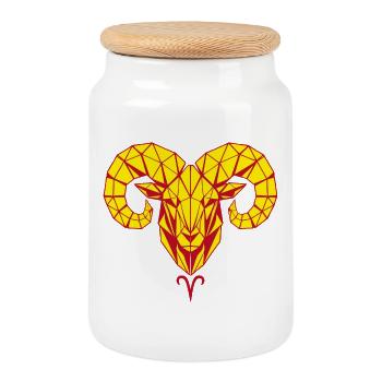 Tête de bélier géométrique jaune rouge - Boîte à biscuits avec couvercle en bois - blanc - Devant