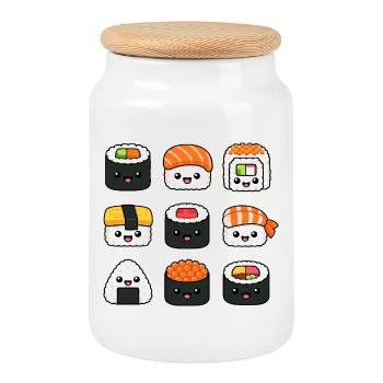 Sushi Drôle de cuisine japonaise Sashimi mignon - Boîte à biscuits avec couvercle en bois - blanc - Devant