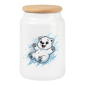 Fröhlicher Polarbär Spritzer - Keksdose mit Holzdeckel - Weiß - Vorne