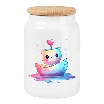 Kunterbuntes Herzboot Kawaii - Keksdose mit Holzdeckel - Weiß - Vorne