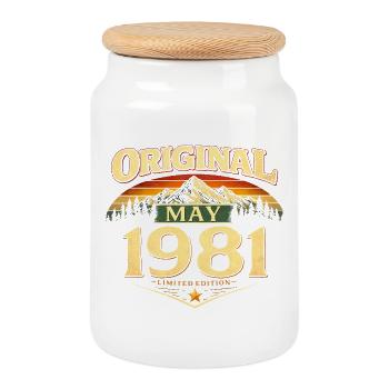 45. Geburtstag Geschenk Original Mai 1981 - Keksdose mit Holzdeckel - Weiß - Vorne